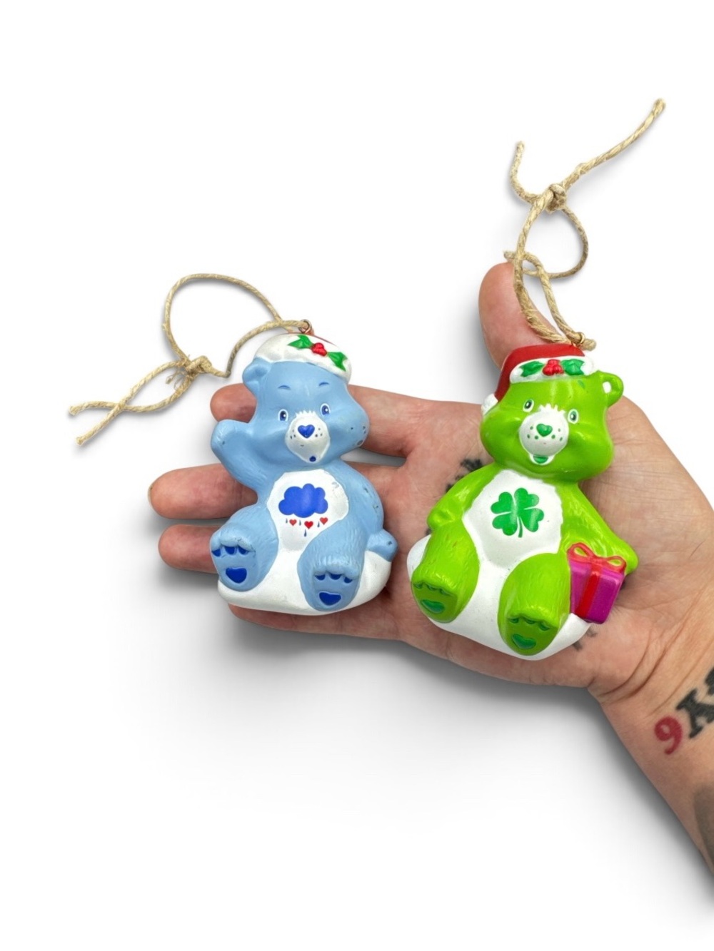 Vintage 2005 Care Bears Christmas Ornaments Pair Grumpy Bear Good Luck Bear 3”